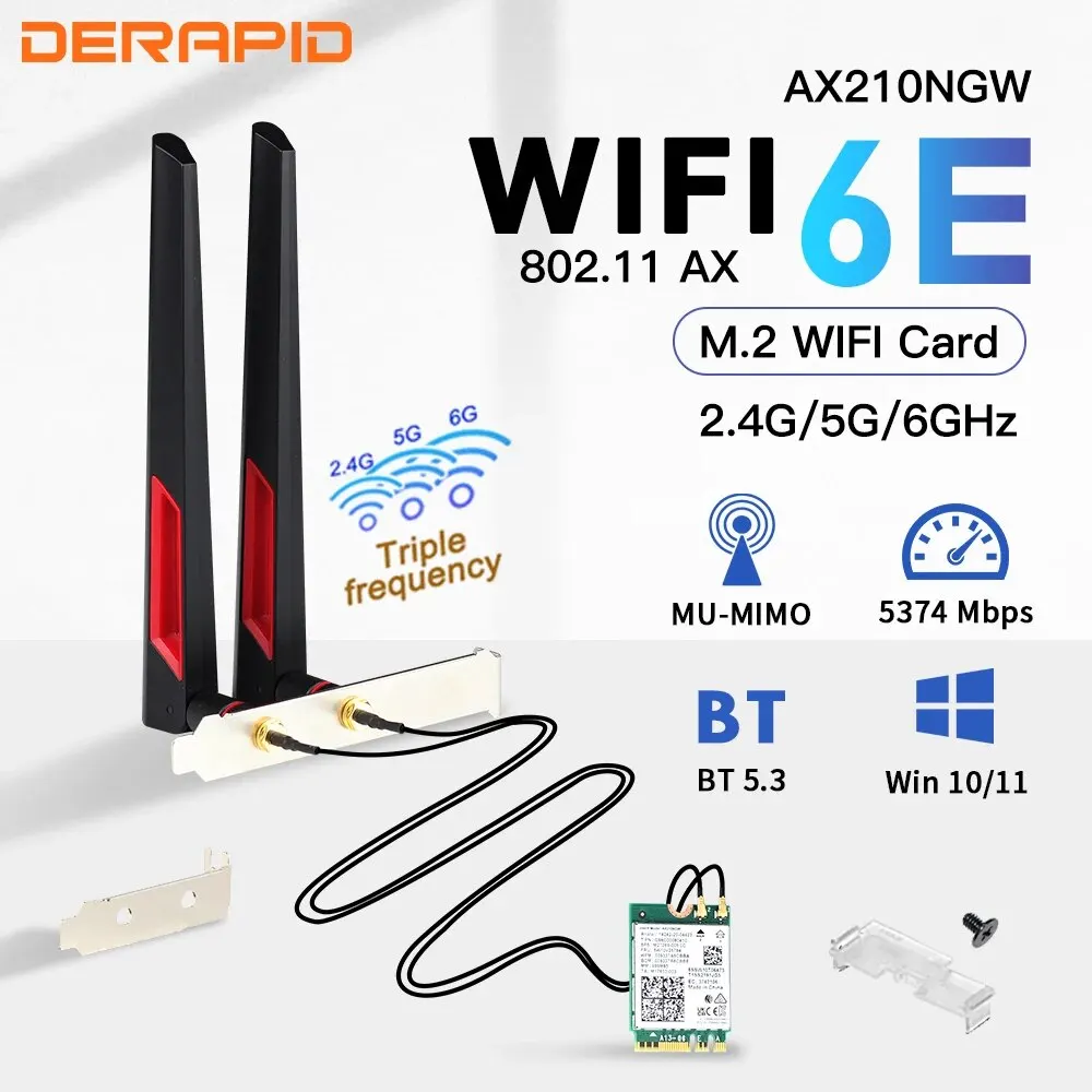 WiFi 6E AX210 M.2 Wireless Adapter 2.4G/5G/6GHz Bluetooth 5.3 Wi-Fi 6 AX210NGW NGFF 10DBI Antenna Set For Desktop/PC Win10/11