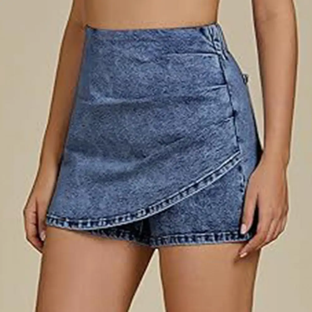 Daily Wear Shorts Women Faux Wrap Short Skirt, Asymmetrical Hem Stretchy Jean Skirt, Summer Bodycon Mini Skirt