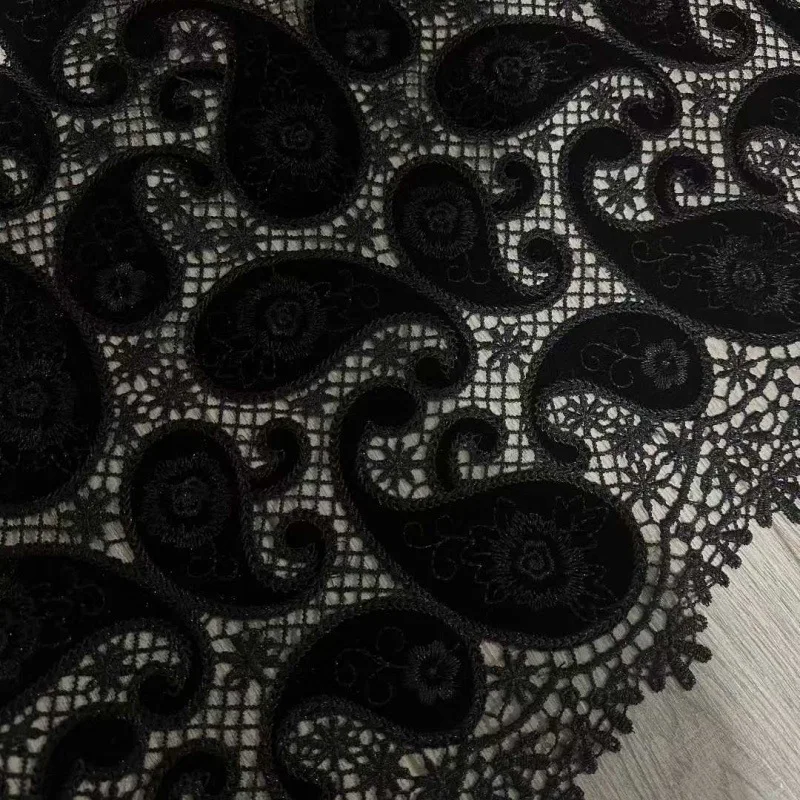Velvet laser-embroidered fabric with black paisley lace pattern, Autumn Winter dress clothing, DIY handmade sewing fabric