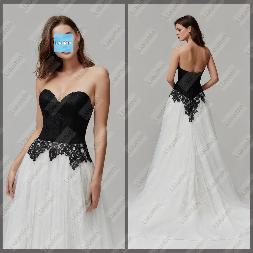 

Modern Style A Line White Tulle Black Lace Applique Strapless Prom Formal Wedding Dresses Evening Lace-Up Back Customized A7-1.2