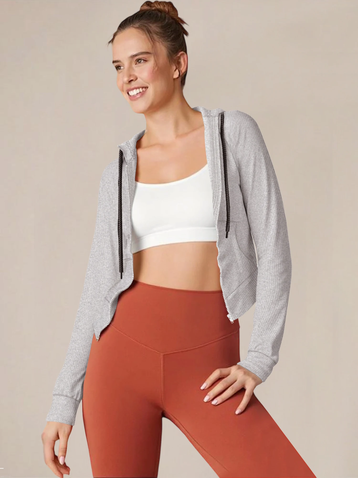 Women Athleisure Workout Rib Knit Zip Up Cropped Hoodie Light Long Sleeve Drawstring Hood Pocket Outerwear