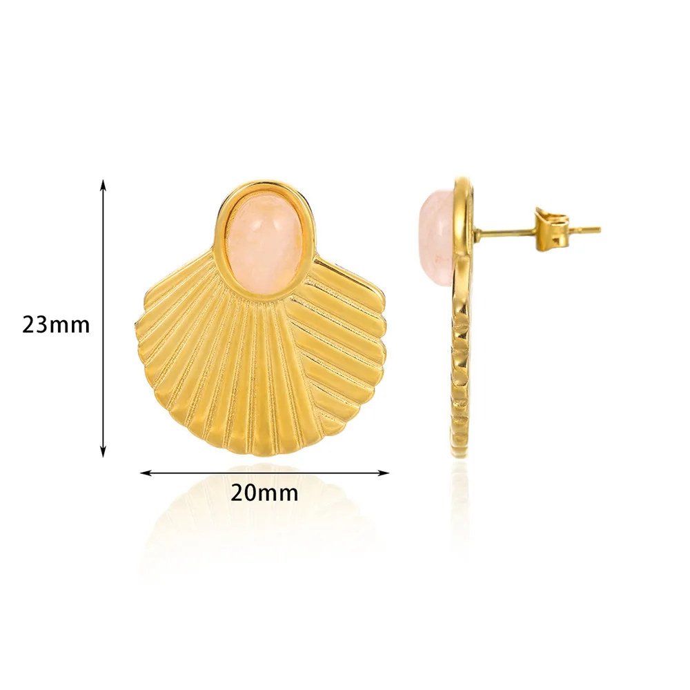 Stainless Steel Shell Fan-Shaped Stud Earrings For Women Irregular Oval Stone Earring Vintage Charm Gold Color Jewelry Gifts