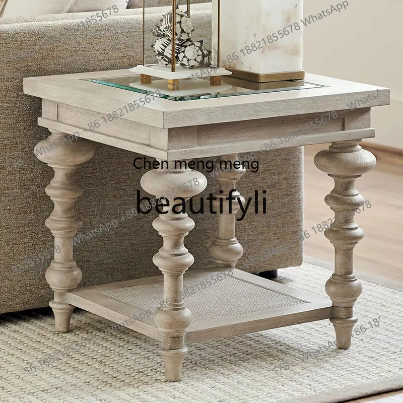 X Solid Wood Square Side  Sofa   Living Room Glass Corner Table Modern Double Layer Storage Rack Flower Table