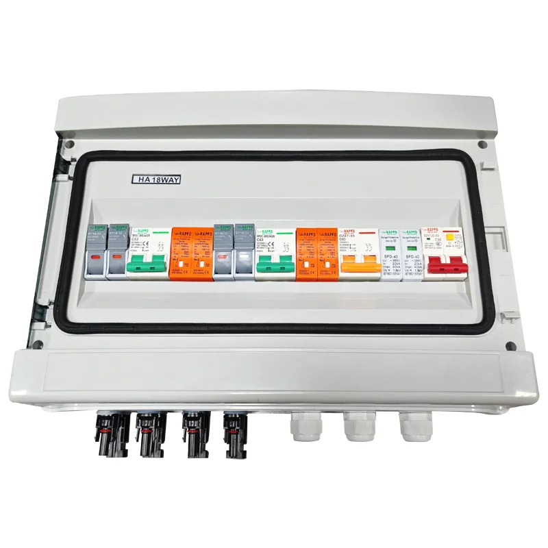 Solar Photovoltaic Combiner Box lightning protection 2 Inputs 2 Outputs AC400V Fuse MCB SPD Waterproof IP65 18 Channels 32A 6