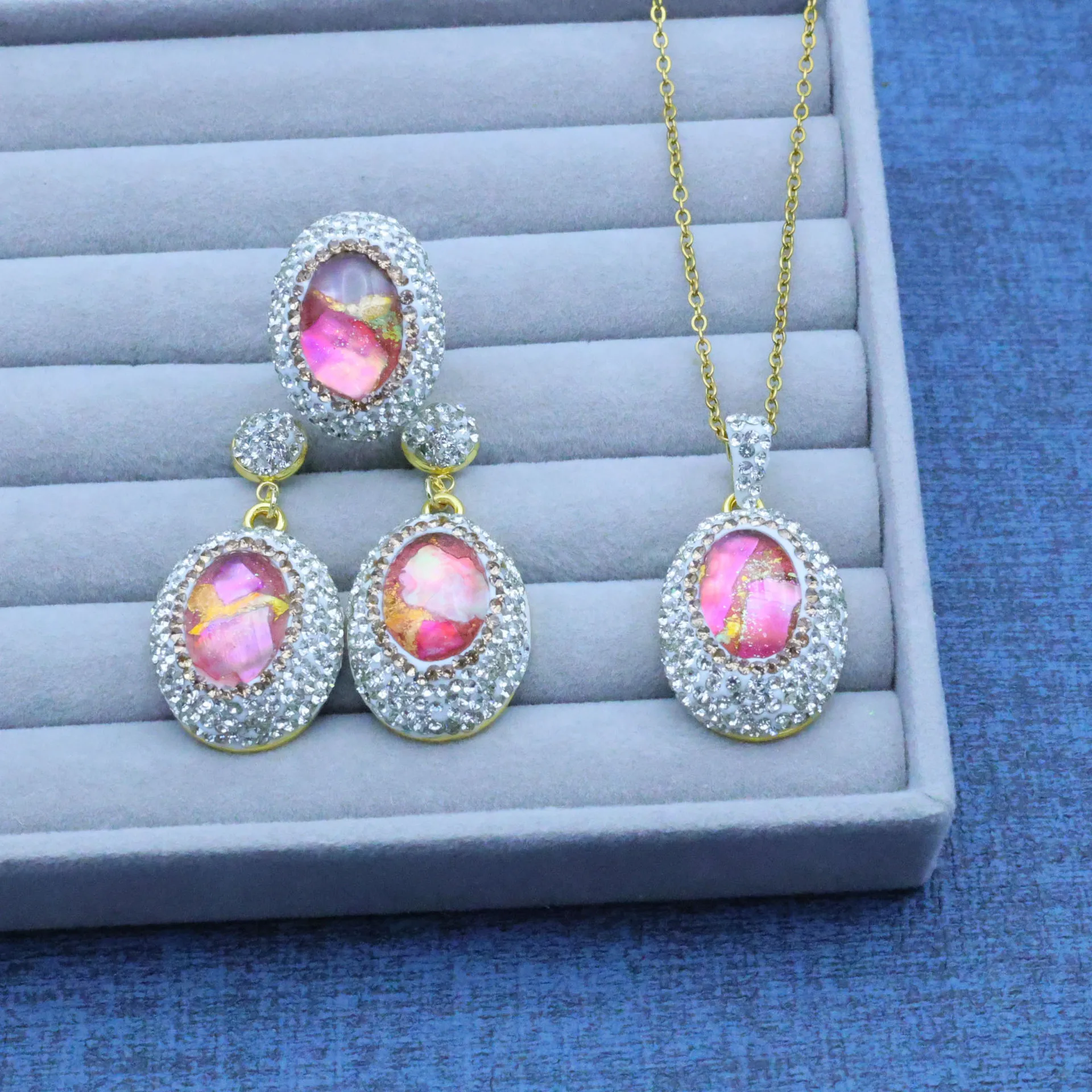 Cross-border new crystal glass diamond natural shell painted crystal inlay three-piece set high-end handmade design first
