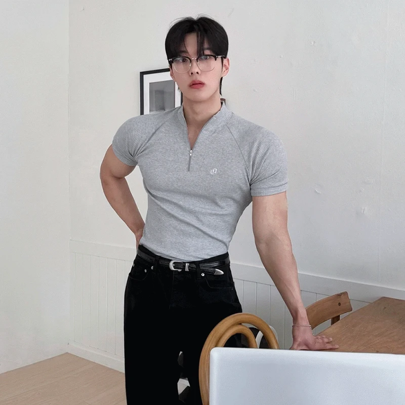 Men's Short Sleeve T-Shirt Embroidered Casual Fitness Style Korean Light Maturity Summer Breathable Sweat Absorbent Half Zip