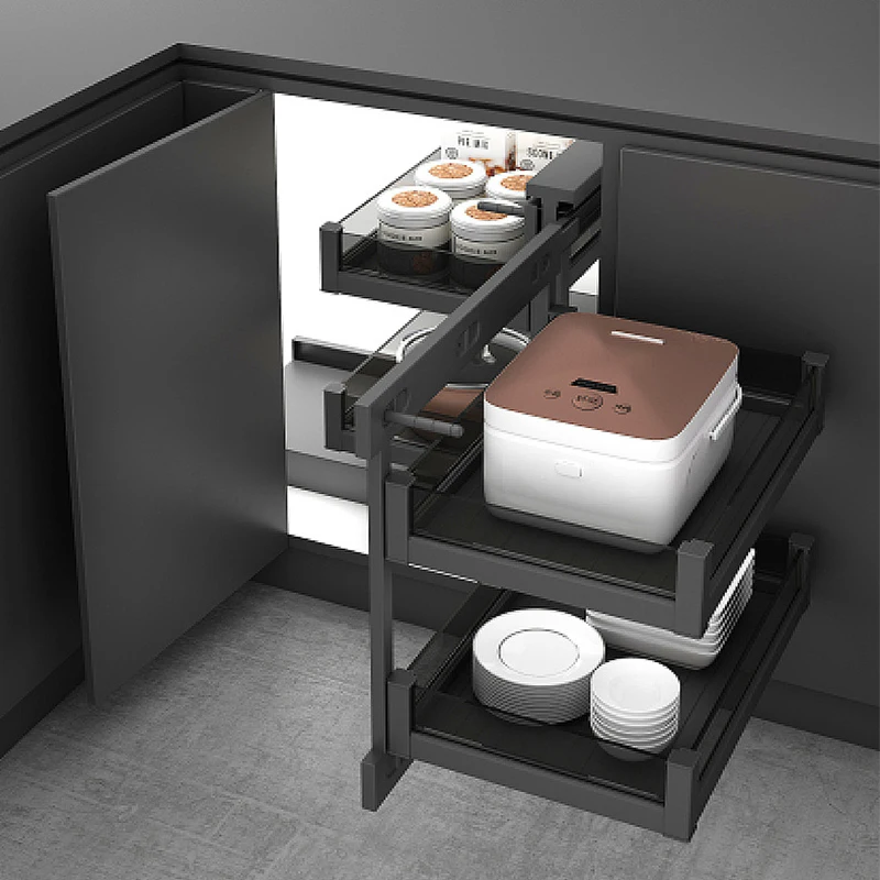 Aluminum two-layer blind corner cabinet pull-out storage rack, rotating tray with slow closing function