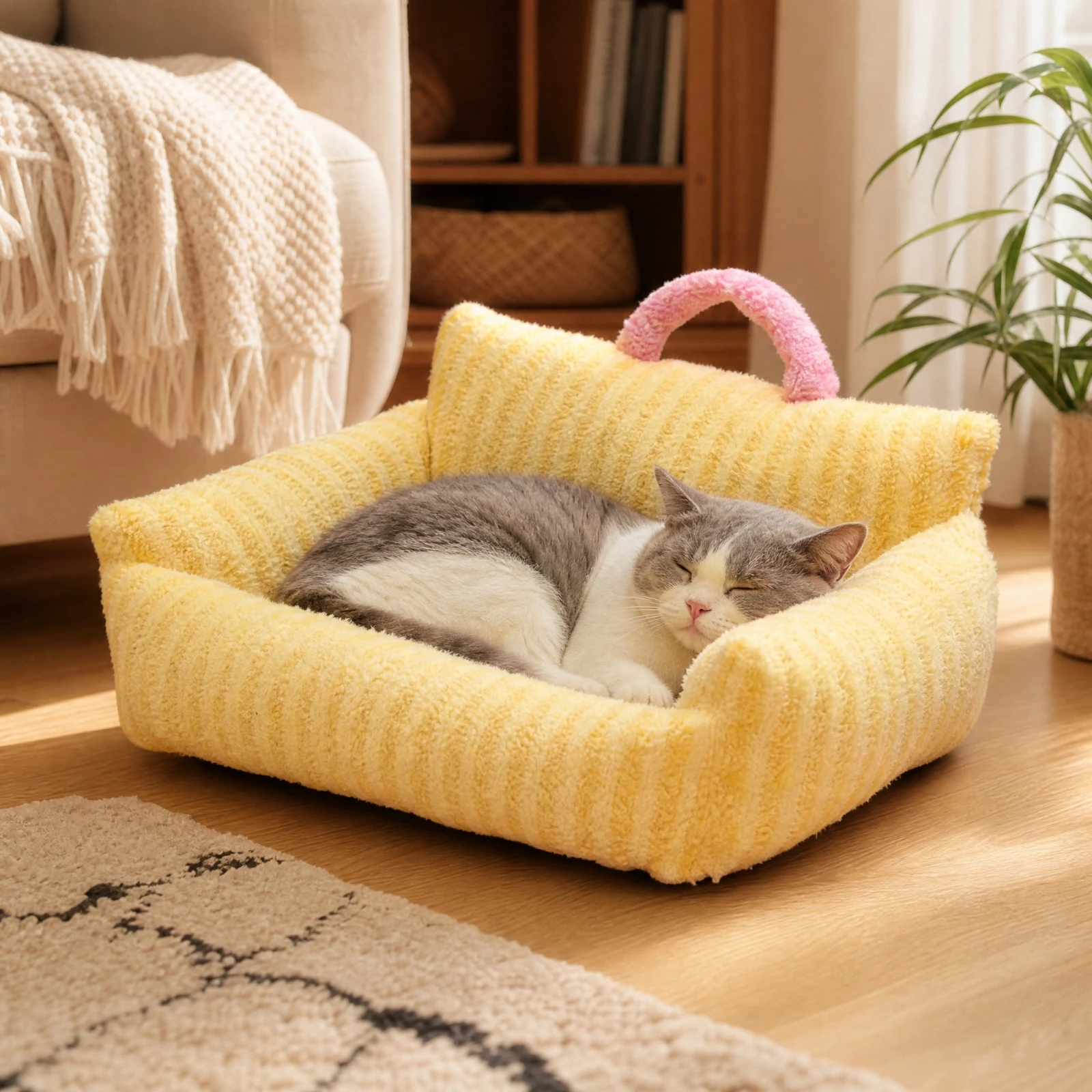 Striped Pet Sofa Bed Indoor Pet Sofa Bed with Carry Handle Soft Cozy for Cats, Lounging, Napping
