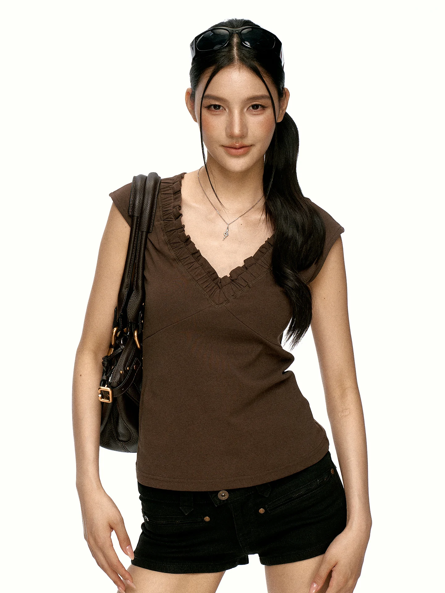 Aaisup Korean Style V-Neck Pleated Ruffle Sleeveless T-Shirt Women's Slim Fit Summer High-End Feelings Personality Top