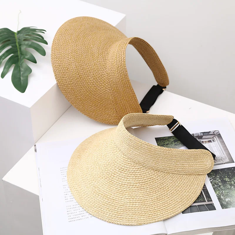 Empty Top Raffia Straw Hats For Women Korean Fashion Empty Top Riding Sun Hat Foldable Wide Brim Beach Visor Hat Sombrero Mujer