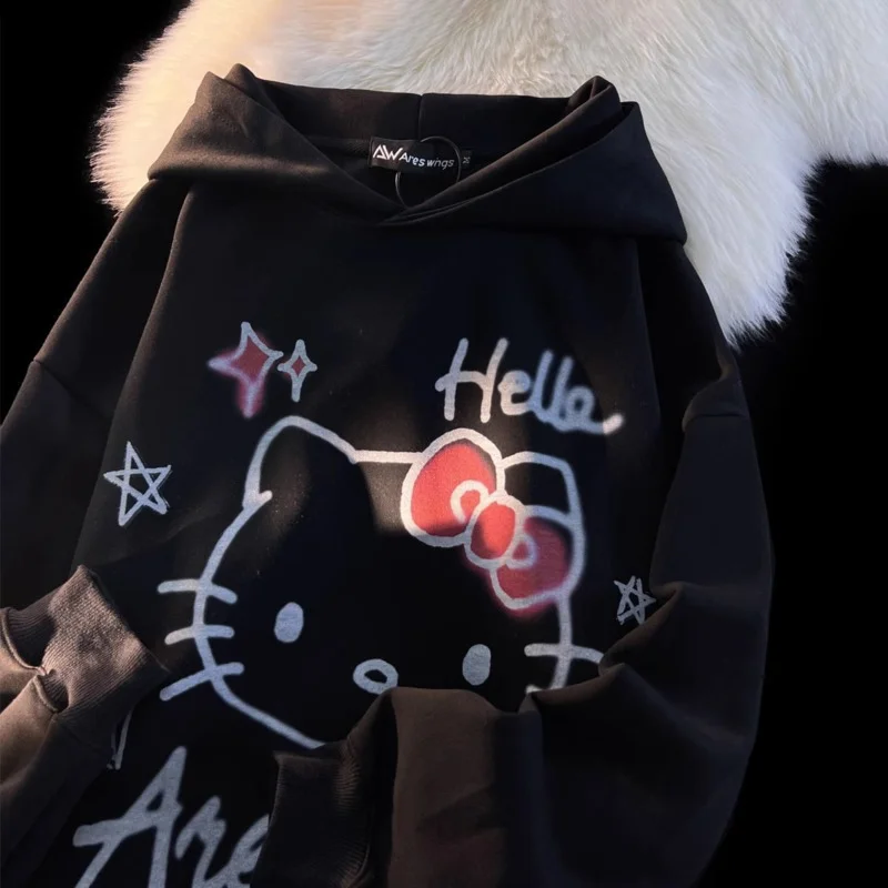 Sanrio Hello Kitty Gothic Hoody Sweater Cute Korean Fashion Hip Hop Black White Pullovers Coat 90s Vintage Sweatshirt Couple Y2k