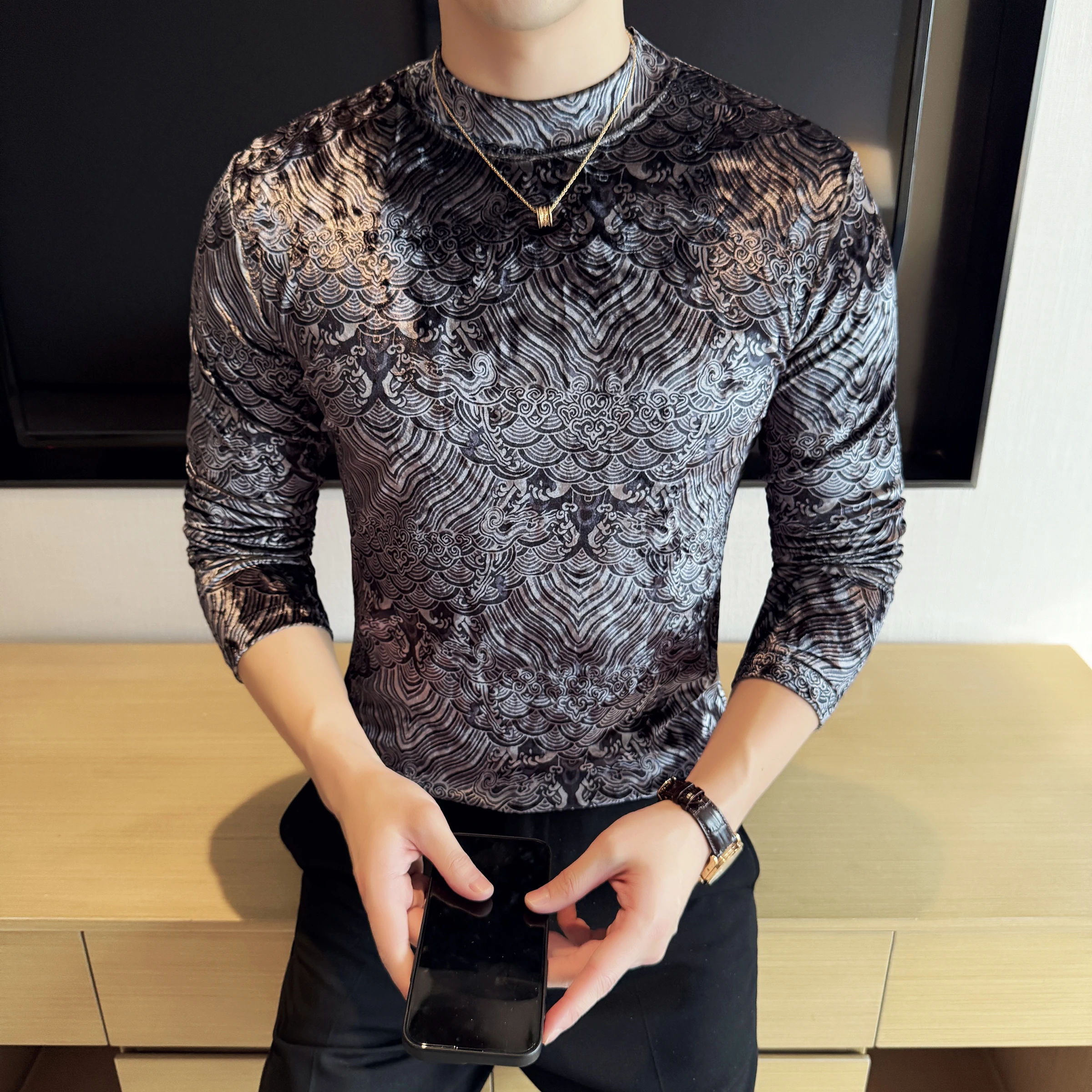 

Бархатная футболка с благоприятным облачным принтом, мужские футболки с высоким воротником и длинными рукавами, приталенная базовая рубашка, повседневная деловая футболка