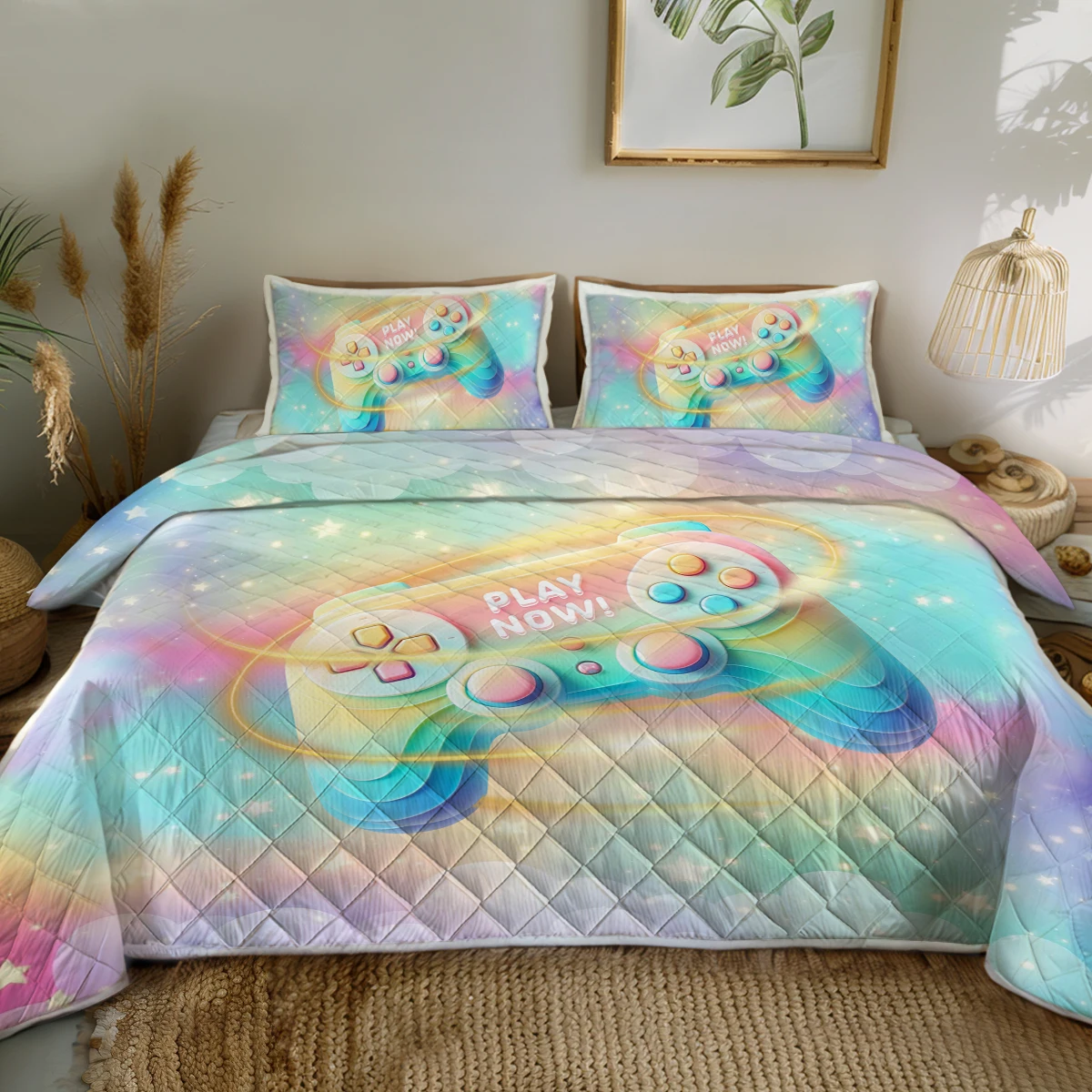 3PCS Cute Cartoon Games Console Design Quilt Set Comforter With 2 Pilowcases For Kids and Adults Bedroom