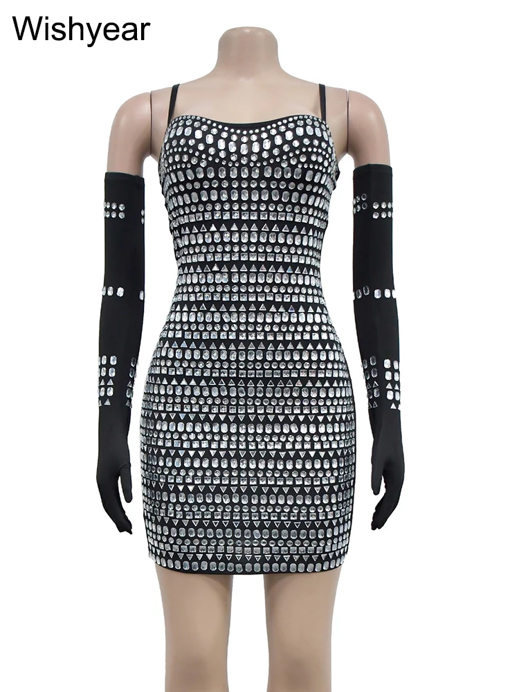 Neujahr Luxus Gast Hochzeits feier Kleid mit Golfen Frauen Diamant Bodycon Spaghetti streifen Mini Vestidos Geburtstag Clubwear