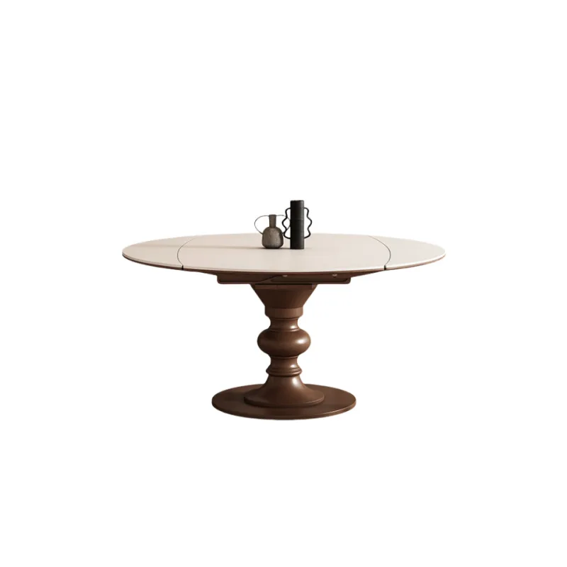 

Retro solid wood retractable rock slab dining table Middle ancient solid wood style small apartment restaurant dining table