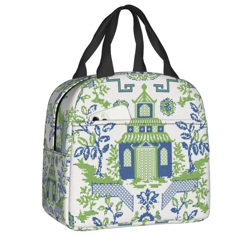 Custom Vintage Chinoiserie Willow Pagoda Lunch Bag Men Women Delft Blue Cooler Thermal Insulated Lunch Boxes for Student School