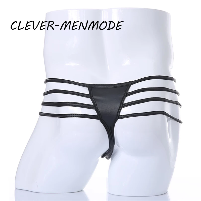 CLEVER-MENMODE Sexy Men\'s Underwear PU Faux Leather Thong BDSM Bandage Zipper Briefs Jockstraps Erotic Lingerie String Panties