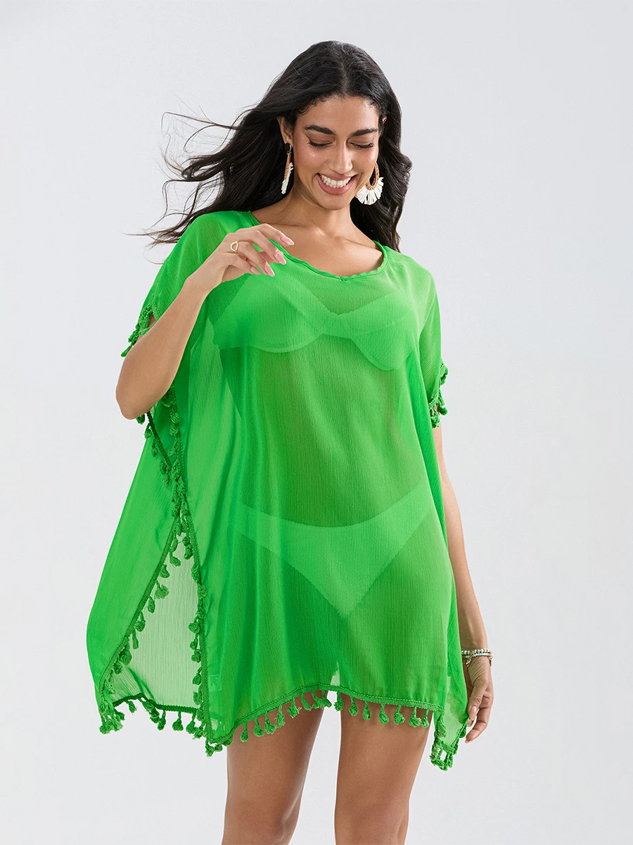 Donne nappa Trim Bikini Cover Up Beach Dress tinta unita See-Through Beachwear costume da bagno Summer Mini Dress Cover-up