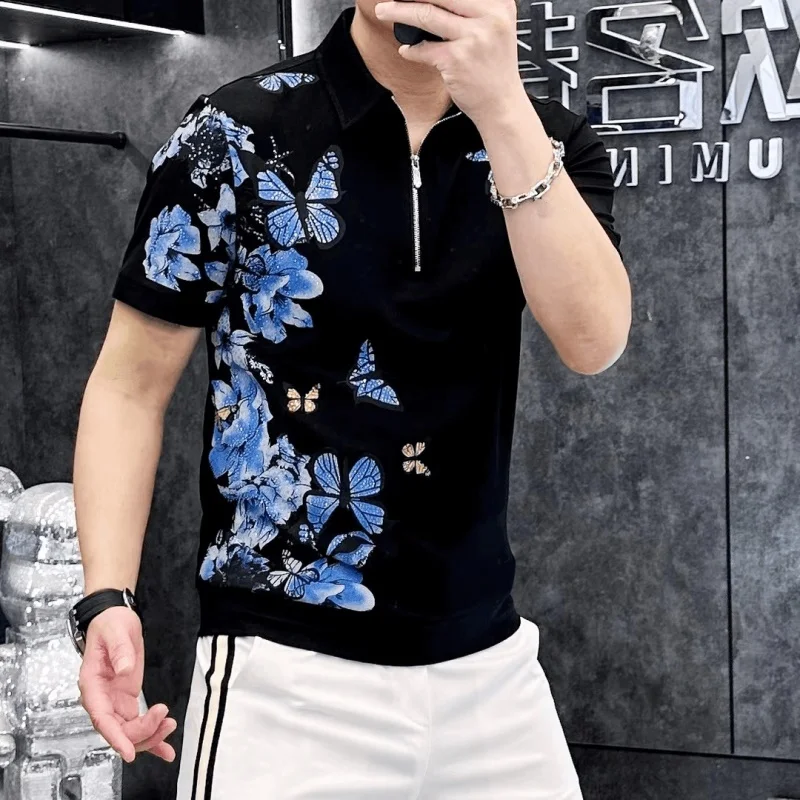 Butterfly Printed Polo Shirt for Men\'s Summer Zipper Short Sleeved Casual T-shirt Slim Fit Business Social POLO Tshirts 2024