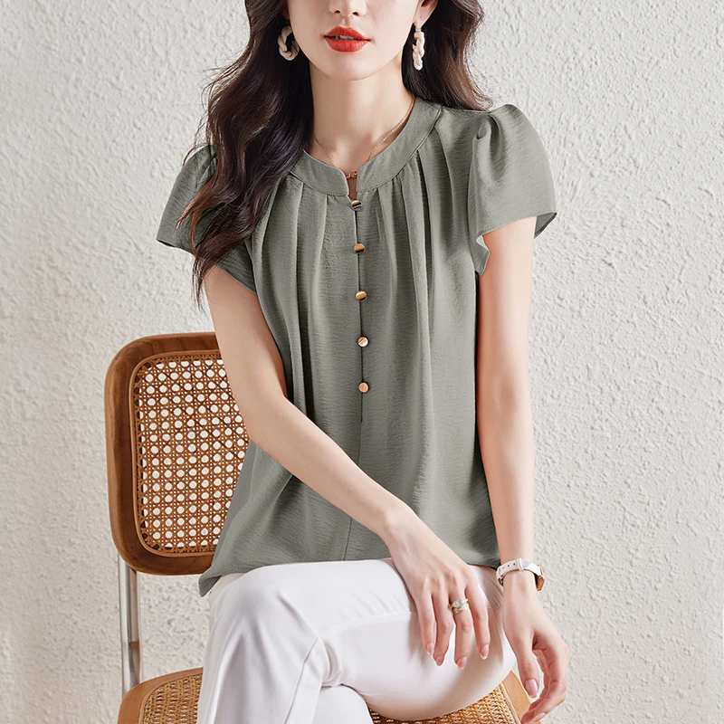 Women\'s Vintage Fashion Ruffled Slim Blouse 2024 Summer Office Lady Elegant Commute Shirts Solid O Neck Short Sleeve Tops Blusas