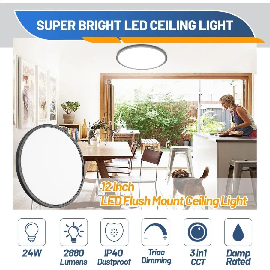 LEDシーリングライト フラッシュマウント 24W 12インチ 3000K 4000K 6500K 丸型フラットパネルライト