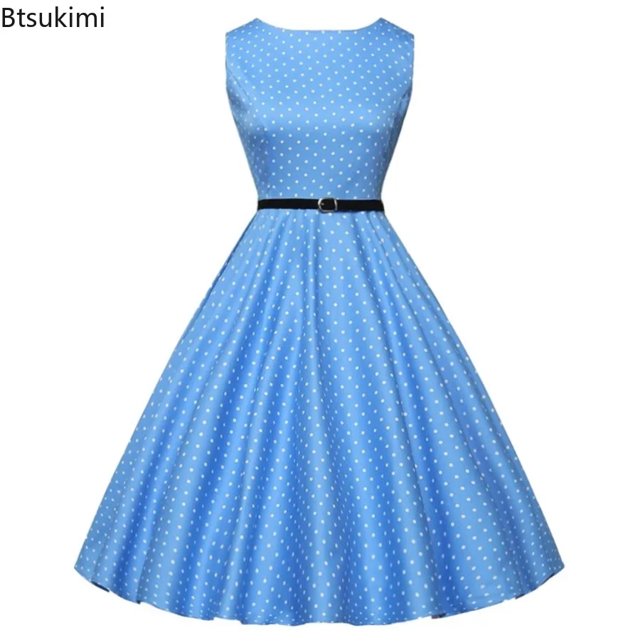 

Elegant Summer Dresses Women's Sleeveless Slash Neck Polka Dot Print Big Swing Dress 2024 Chic Retro Party Dress with Belt Femme