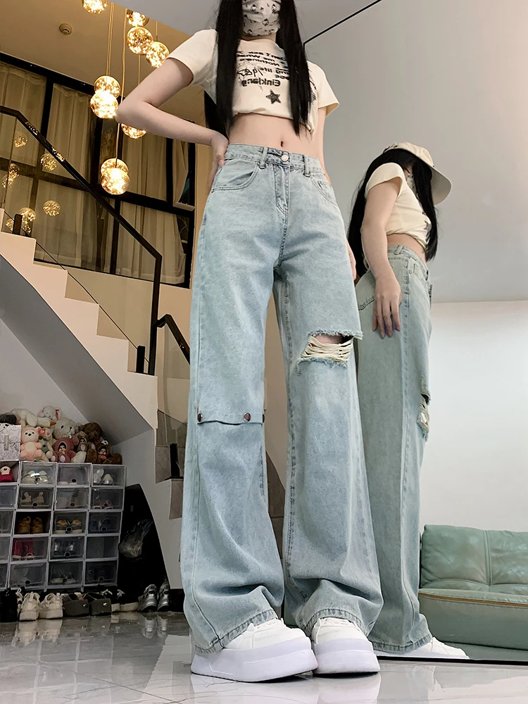 Light Wa High Waist Wide Leg Denim Jeans Women's Summer Loose plus Size High Street Torn Straight Leg Pants