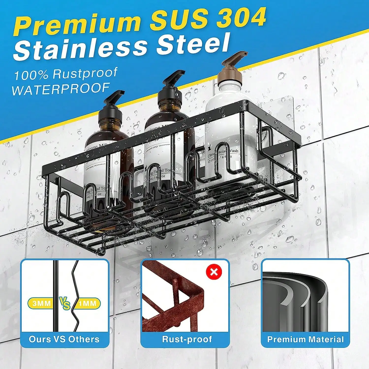 Adhesive Shower Caddy, 5 Pack Rustproof Stainless Steel Bath Organizers With Large Capacity, No Drilling Shelves For Bathroom Storage & Home Decor SH25090127203322503
