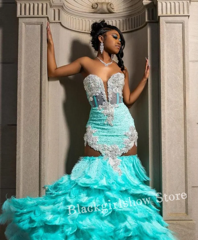 Abito da ballo a sirena con applicazioni di piume di lusso 2024 per donna Glitter See Through Black Girl Birthday Party Vestidos De Festa