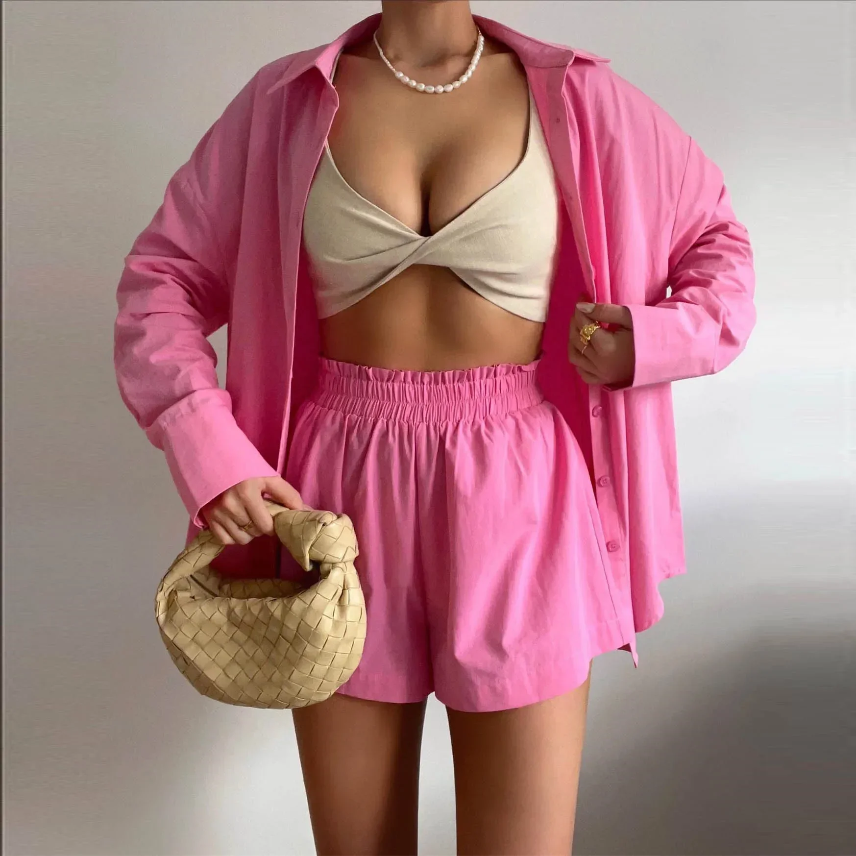 Women Summer Outerwear Long Sleeve Button Up Shirt Set 2 Piece Set Girls Patchwork Outfits Streetwear Contrast Color Shorts Set