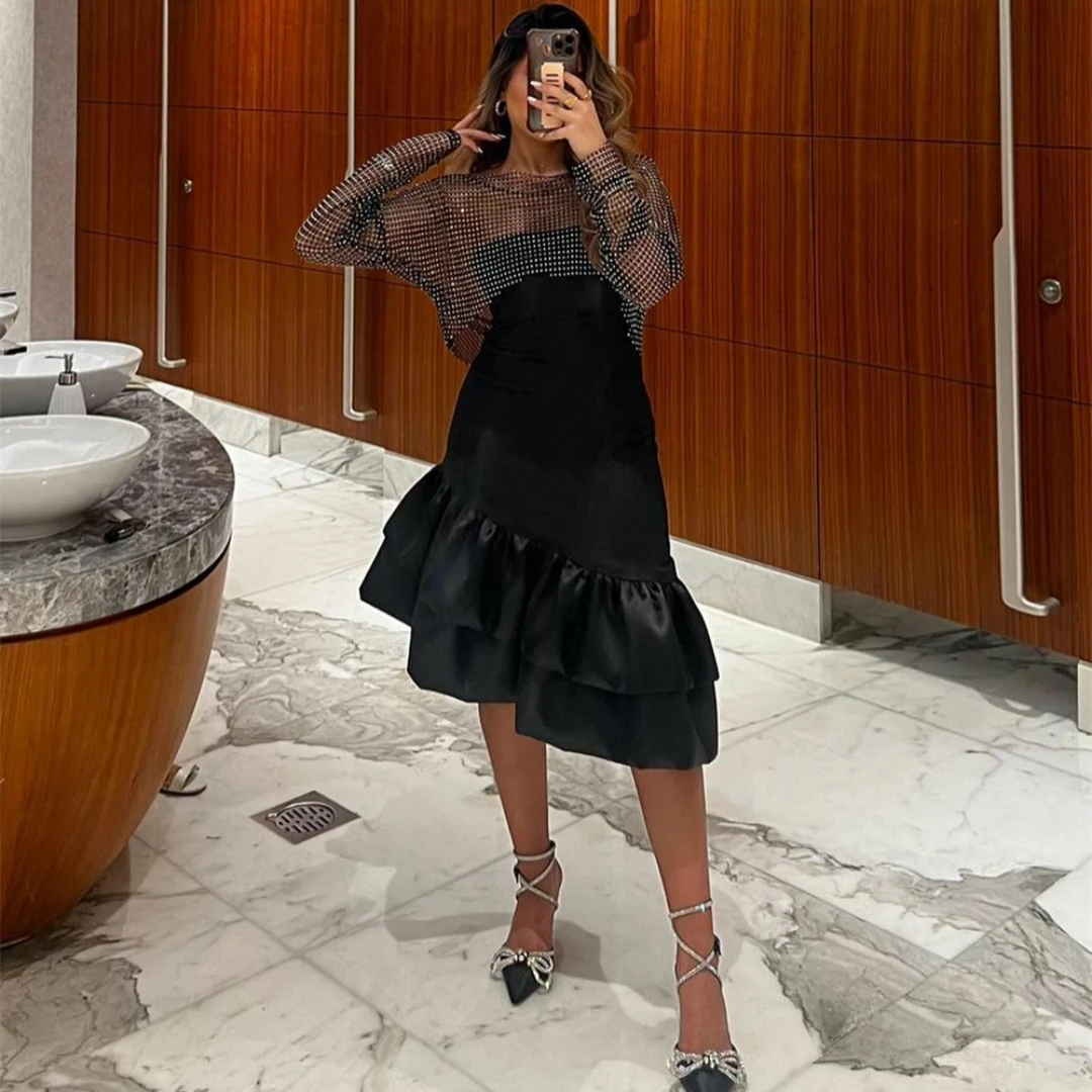 

Santorini Black Tiered Short Prom Dresses Strapless Zipper Back Cocktail Party Women Wear Long Sleeves Wraps Formal Banquet Gown