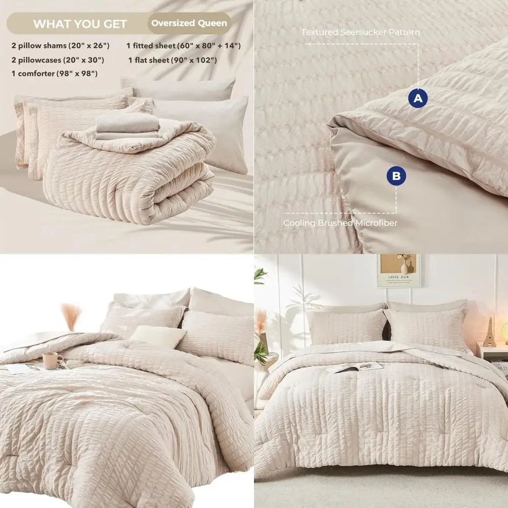 طقم لحاف كوين كبير الحجم مكون من 7 قطع باللون البيج لجميع المواسم مع نسيج قطني، مجموعة مفروشات فاخرة بما في ذلك الملاءات وأكياس الوسائد، أ #1