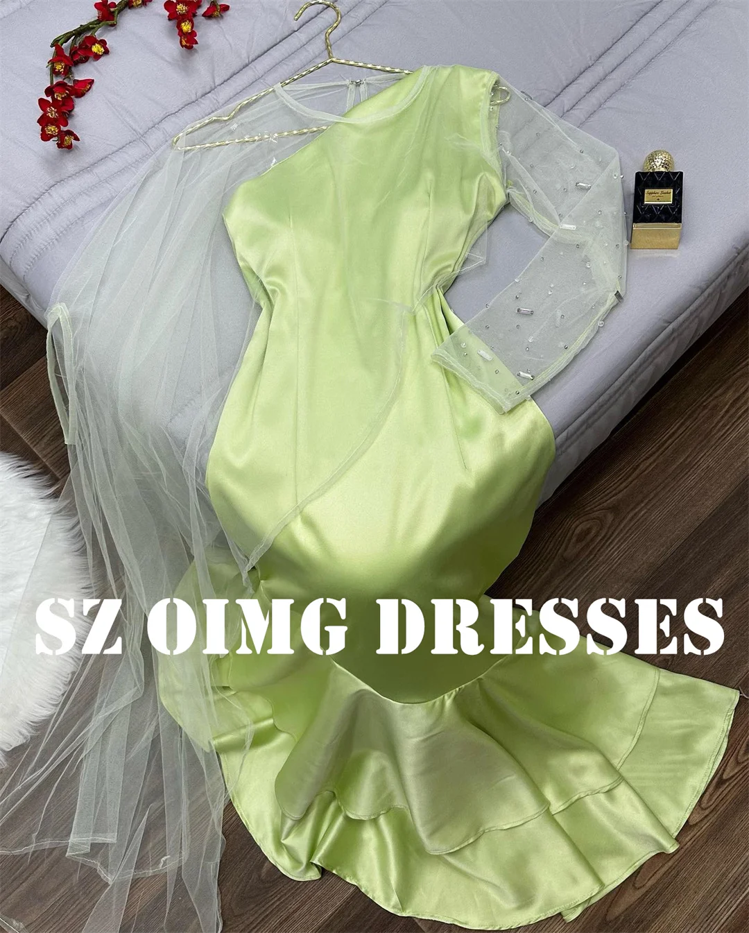 OIMG-vestido de noche verde de un hombro para mujer, traje de graduación de lujo, estilo árabe, escalonado, sirena, Espalda descubierta, Formal, nuevo diseño