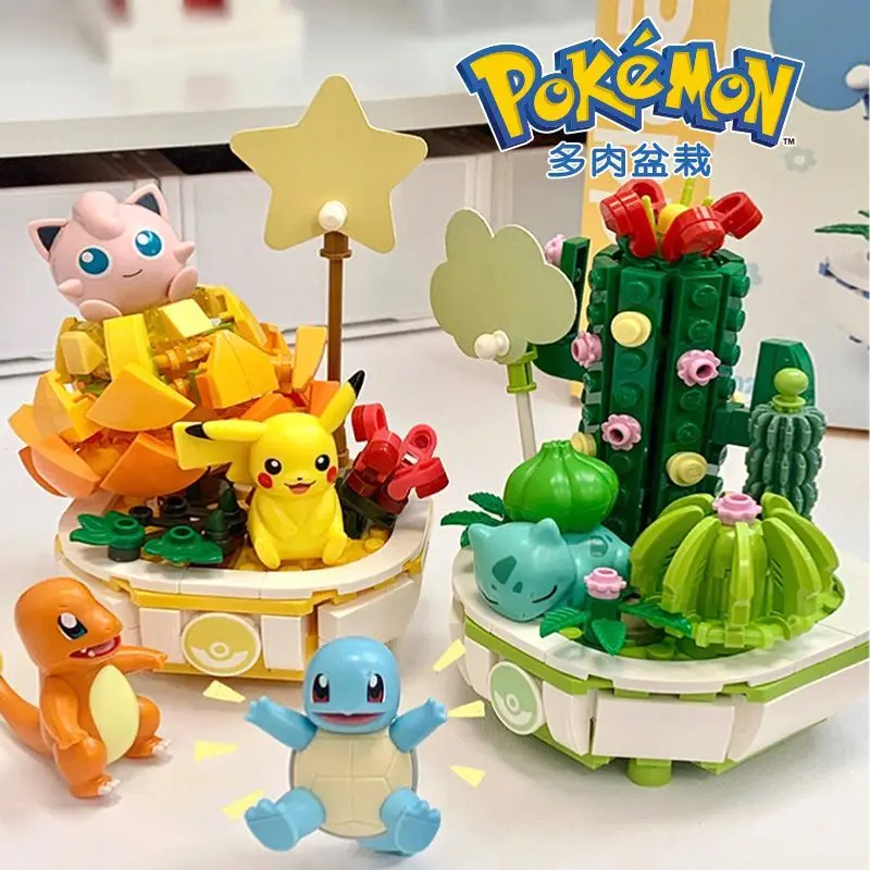 

Anime Pokemon Building Block Figure Toys Pikachu Charmander Squirtle Cartoon Model Home Decoration Plant Potted Flower Brick Toy