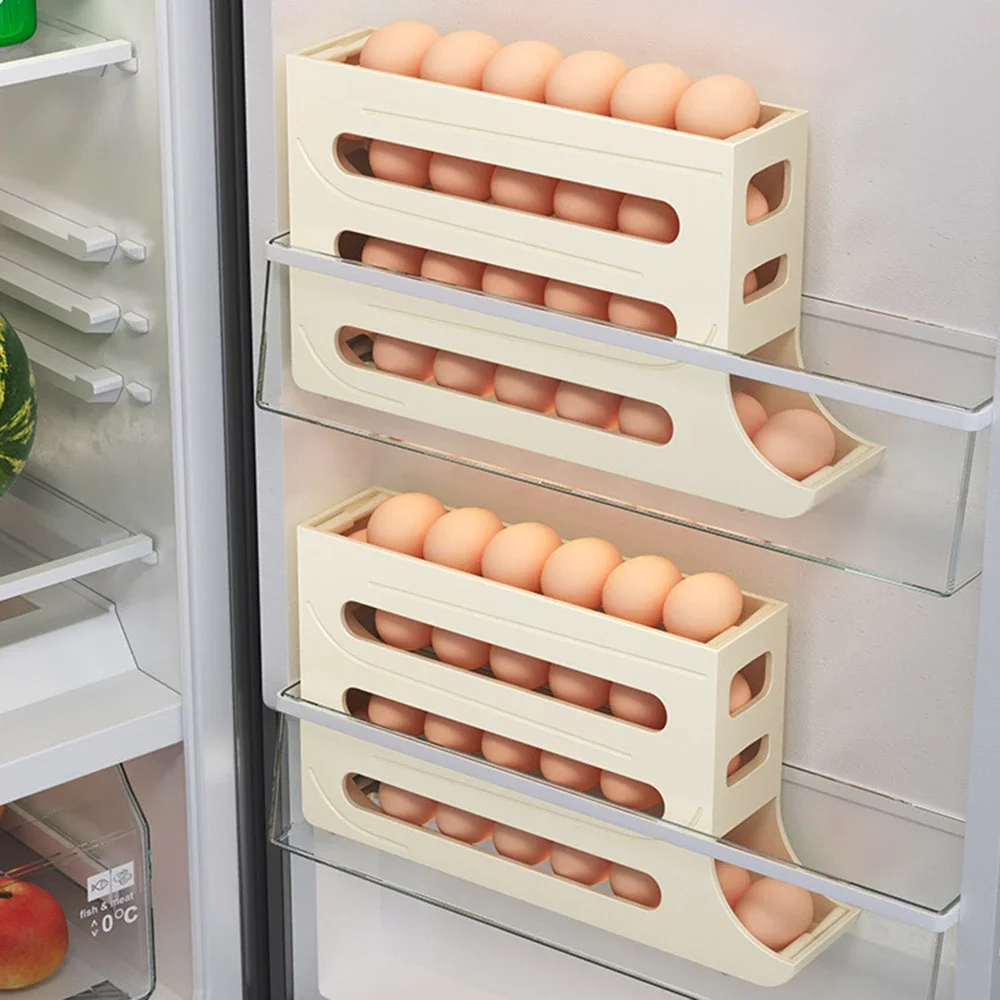 Automatic Sliding Egg Storage Box Portable 3-Layer Large Capacity Egg Container Space Saving Egg Storage Rack Kitchen Organizer