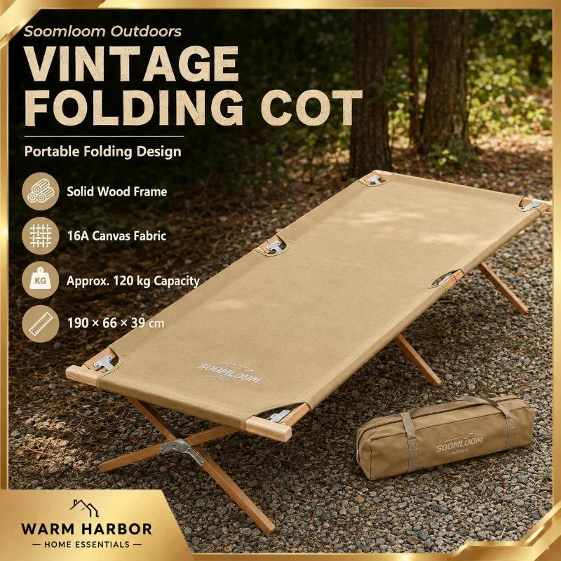 Soomloom Outdoor Camping Folding Cot Tactical Wood Canvas Vintage Military Bed Portable Camp Sleeping Bed For Nap Hiking Travel