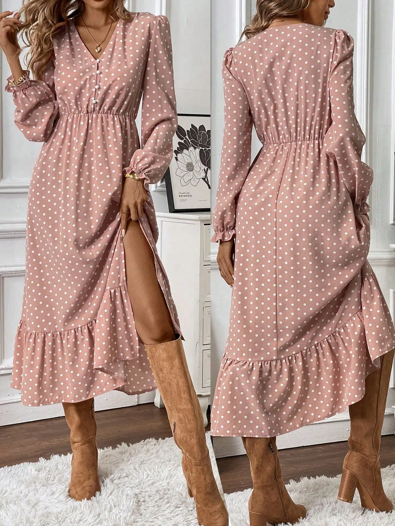 

Платье миди с V-образным вырезом, на пуговицах, с длинными рукавами, в горошек, с асимметричным подолом и рюшами