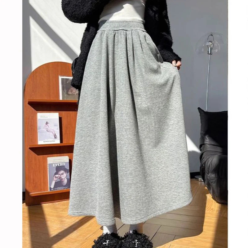 

Women Korean Slim Fit Thin Mid-Long Skirts Lady Classic High Waist Solid Midi Skirts Girls Fashion Baggy A-line Dress