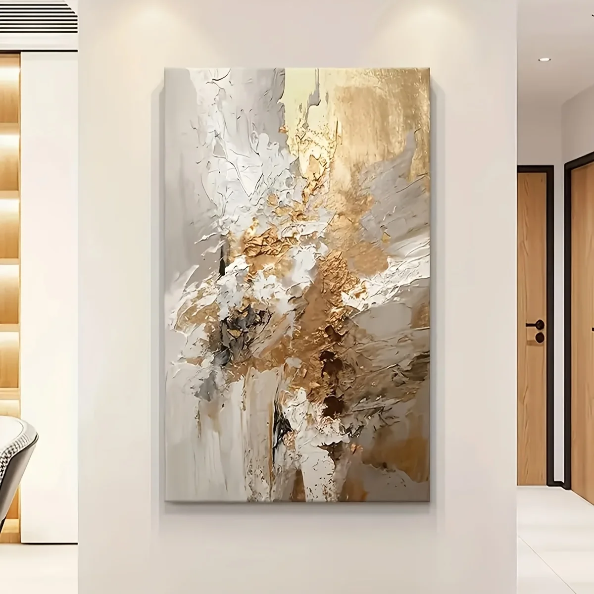 Large Abstract Art Print Canvas Poster - Elegant Golden, White & Black Swirl Design, Frameless Wall Decor for Living Room or Por