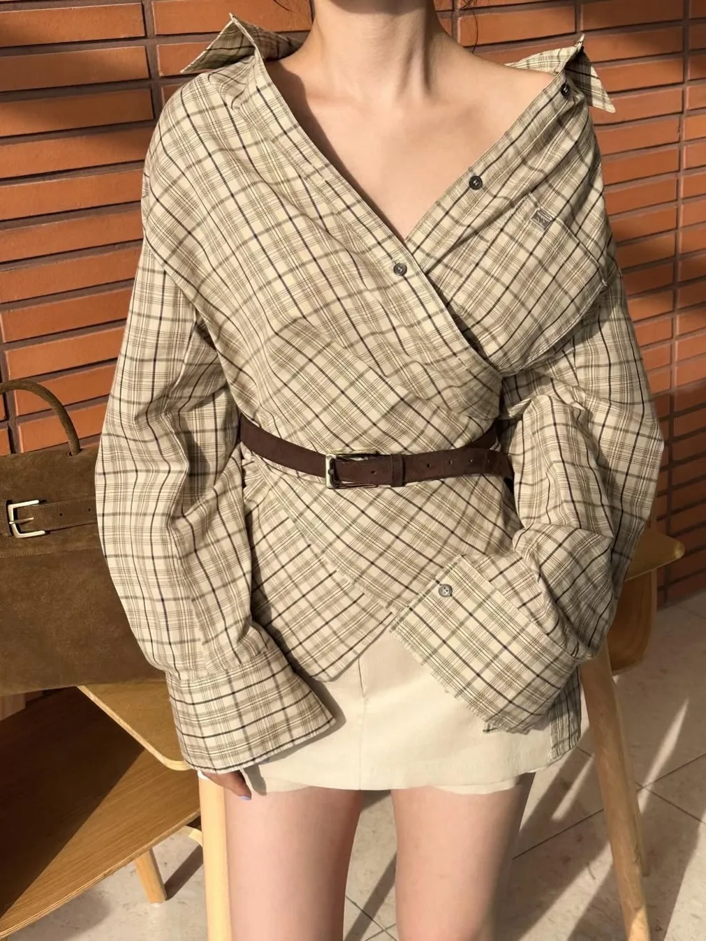 Csa a Cuadros Otoñal E de Manga Larga con Diseño Irregular, Botones Cruzados, Estilo Urbano, Top de Mujer con Manga...