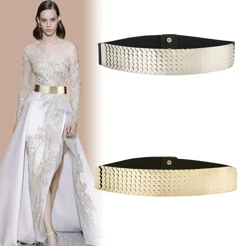 Women \'s Gold Belt and Silver Wide Elastic Women Belt Metal Fish Skin Keeper Brand Cinto Feminino luxury