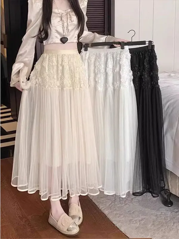 Floral A-Line Midi Skirt Heavy Embroidery Mesh Spring Summer New Style Women's Half-length Irregular Skirt Commute Style