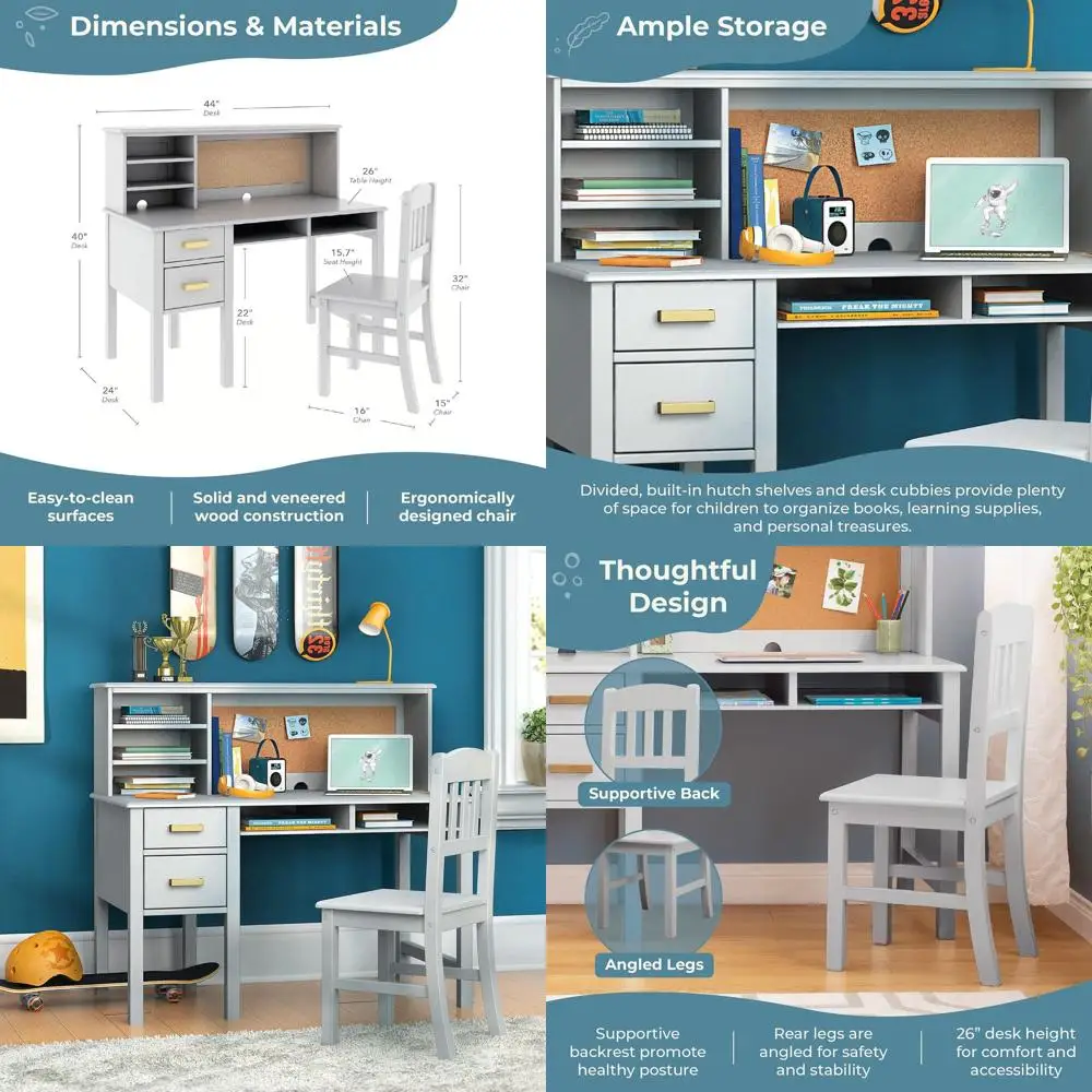 

Gray Wooden Activity Desk and Chair Set with Storage, Shelves, Cubbyholes, and Corkboard for Kids' Study and Bedroom