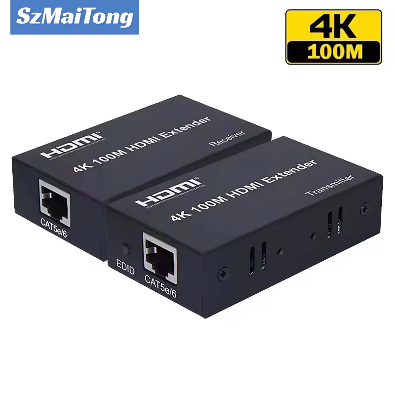 4K HDMI Extender 100M over Single Cat5E/6 Cable HDMI Ethernet Extender Transmit Extension Repeater with EDID for PC HDTV Laptop