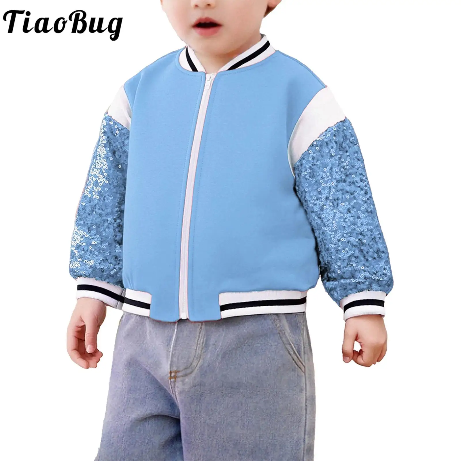 

Toddler Baby Girls Clothing Baseball Jacket Shiny Sequins Long Sleeves Zipper Bomber Coat Outerwear Children Sports Casual Wear