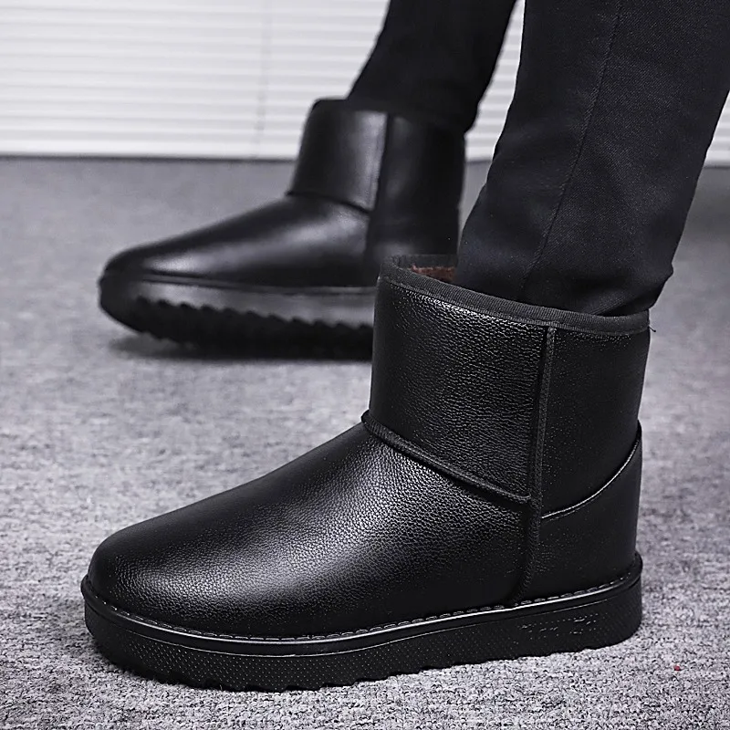 2026 New Outdoor Casual Snow Boots, Winter Fleece‑Lined Warm Cotton Boots, Mid‑Top Leather Upper Buckle Pull‑On Men's Boots