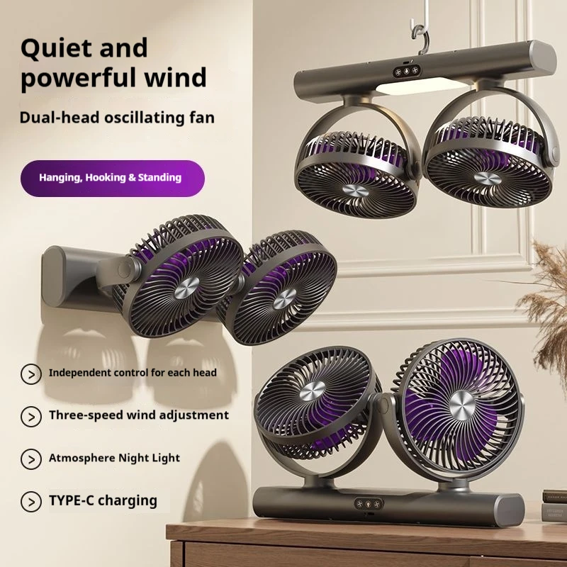 Ventilador de mesa recarregável com duas cabeças e luz noturna, ventilador silencioso de circulação de ar com 3 velocidades, 360 °   Rotativo para Casa, Quarto e Cozinha