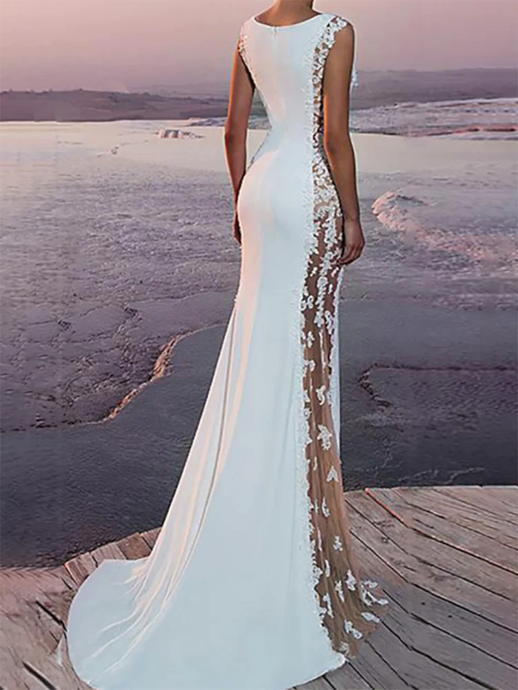 Elegant White Lace Sleeveless Prom Dress - alternate angle