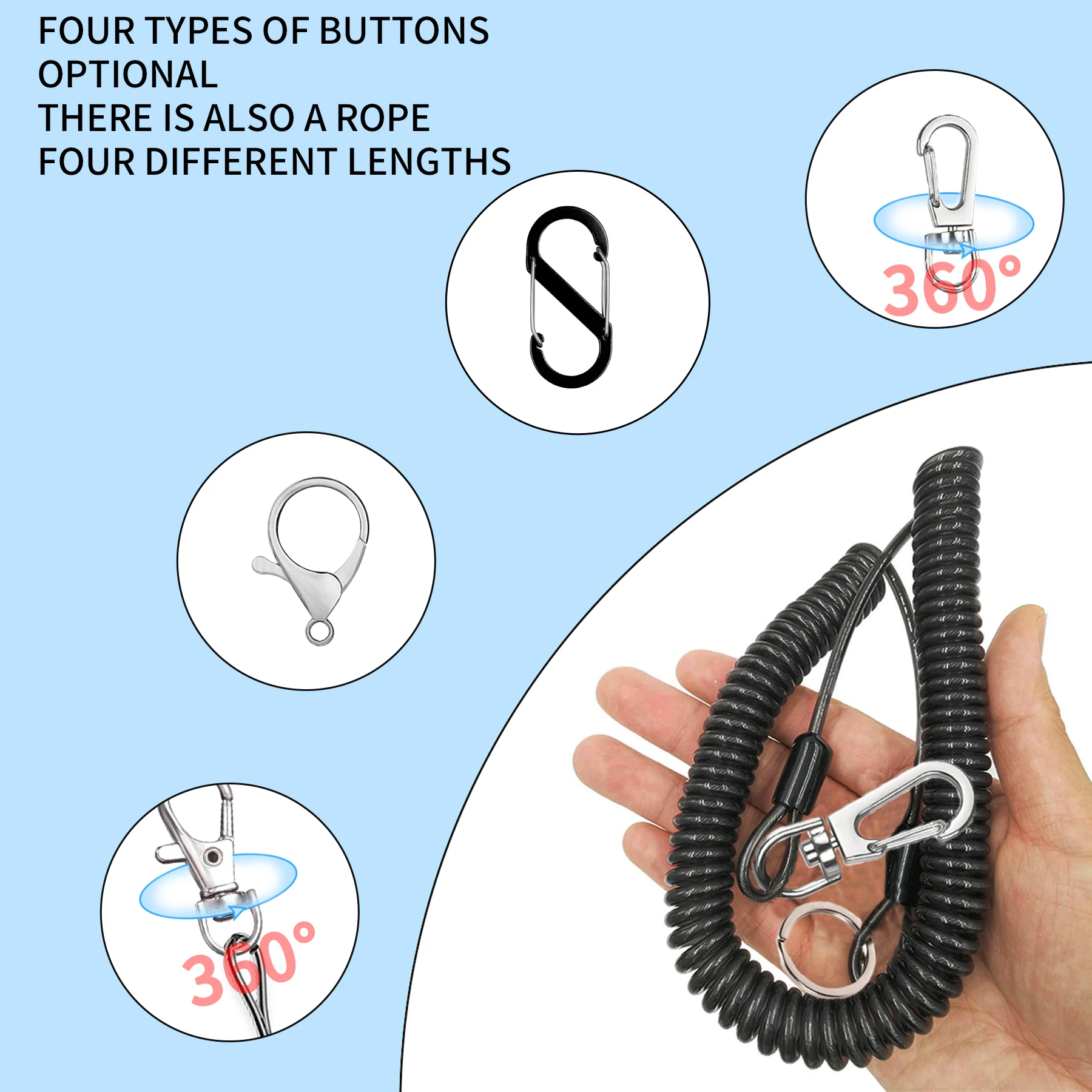 1-4PCS Multi Style 2mm RetrActable Spring Anti Loss Elastic Rope For Camping Outdoor Keychains, Fishing And Other Safety Lanyard