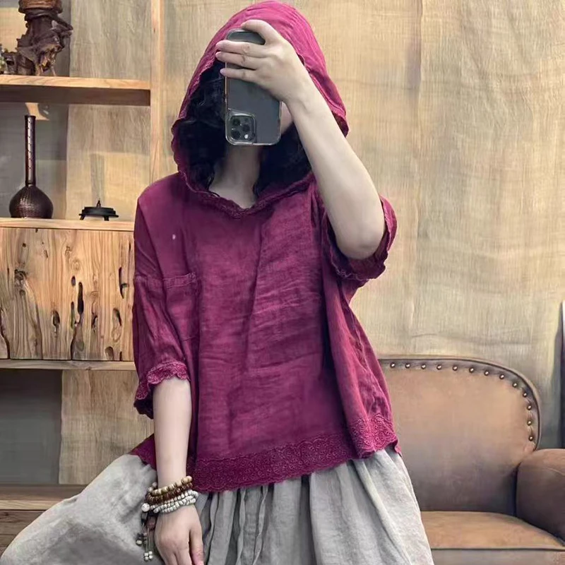 New Arrival Summer Arts Style Women Short Sleeve Loose Tops Tees All-matched Casual Hooded Cotton Linen T-shirt Good Quality